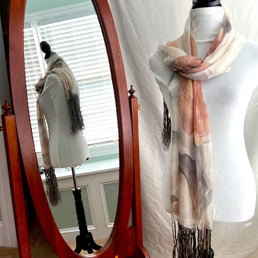 Sheer floral scarf~ gorgeous flower print~ hand knotted silver tassels